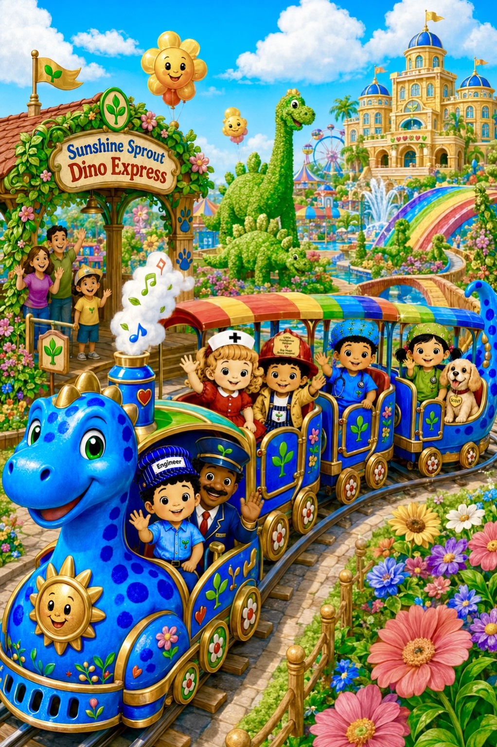 The Sunshine Sprout Dino Express traveling through the colorful Adventure Park