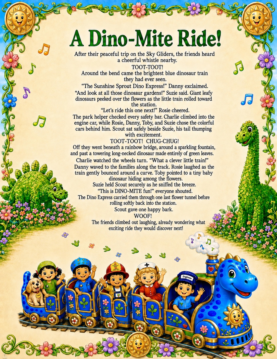 A Dino-Mite Ride story page featuring the Sunshine Sprout Dino Express