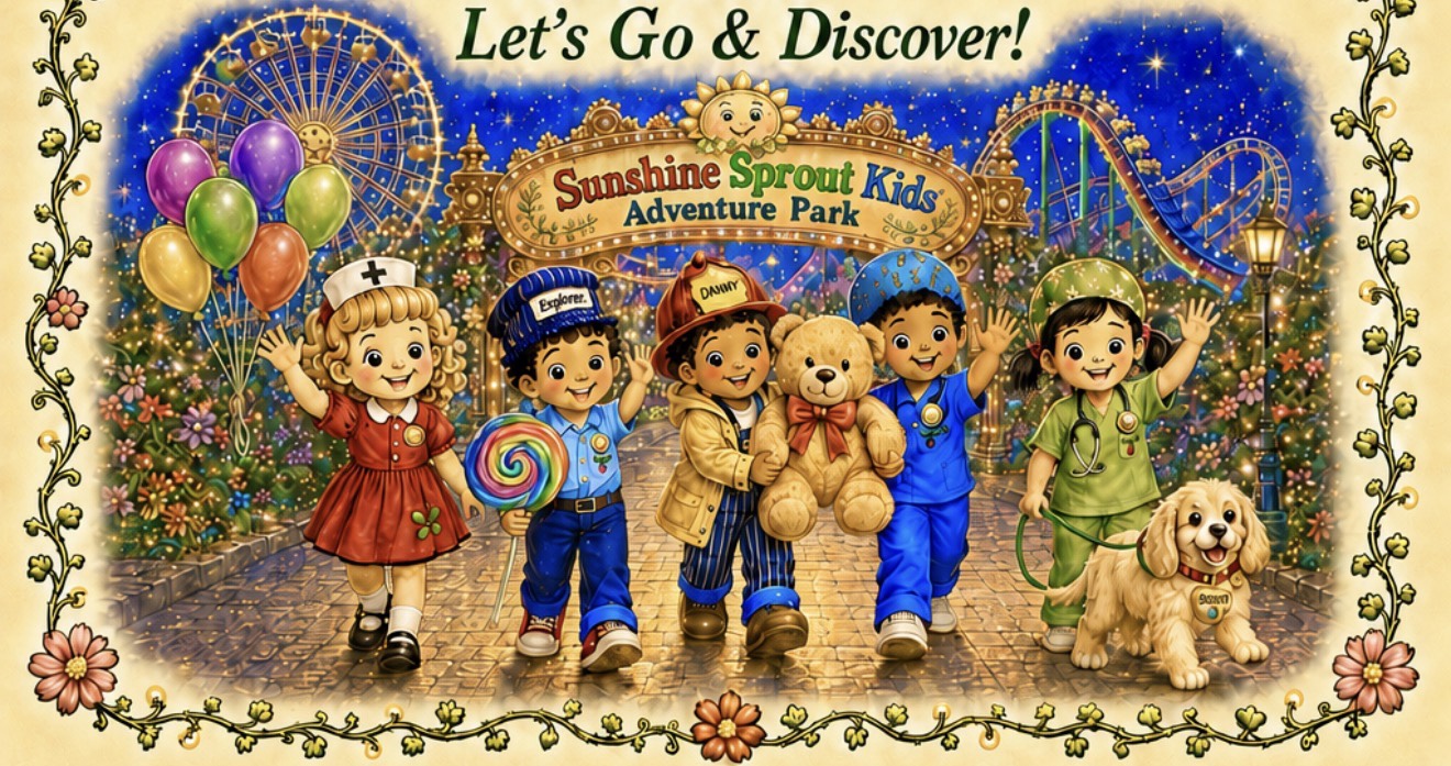 The Sunshine Sprout Kids arriving at the colorful entrance to Adventure Park