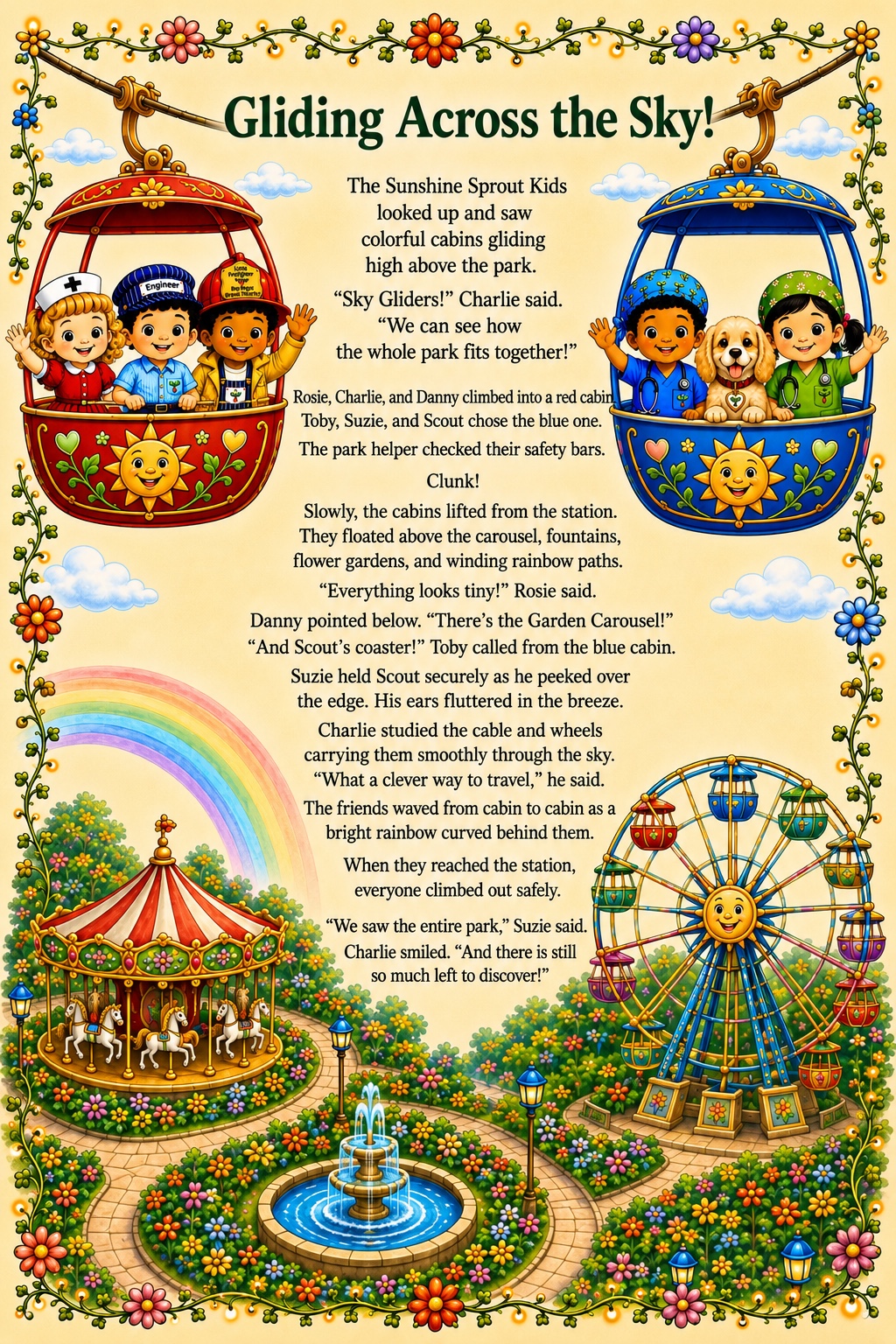 Gliding Across the Sky story page featuring the Sunshine Sprout Kids