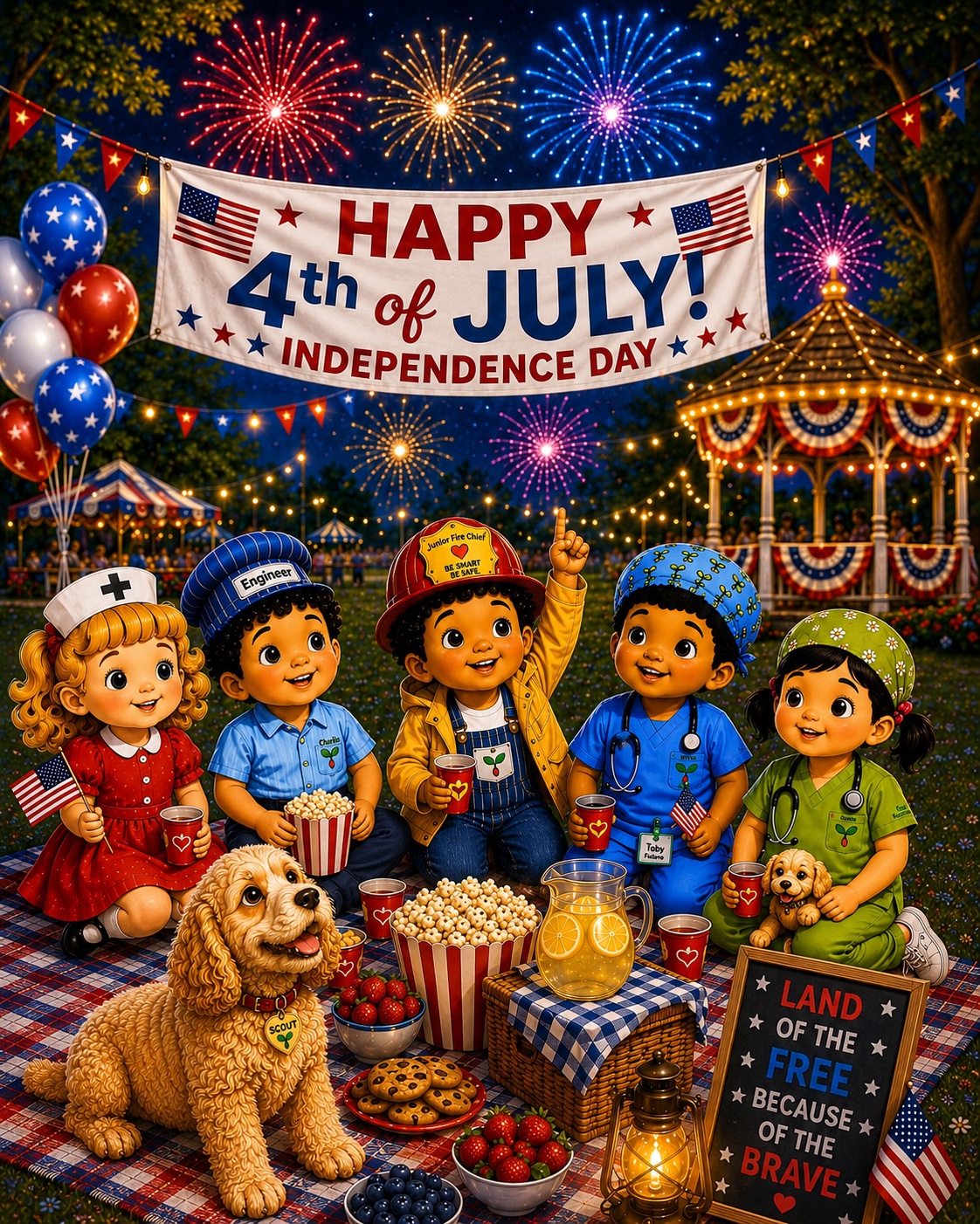 The Sunshine Sprout Kids celebrating Independence Day beneath a Happy Fourth of July banner and colorful fireworks