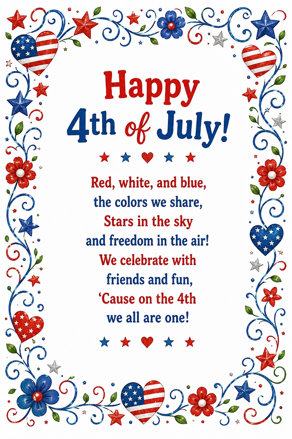Happy Fourth of July poem page decorated with red, white, and blue stars, flowers, and hearts