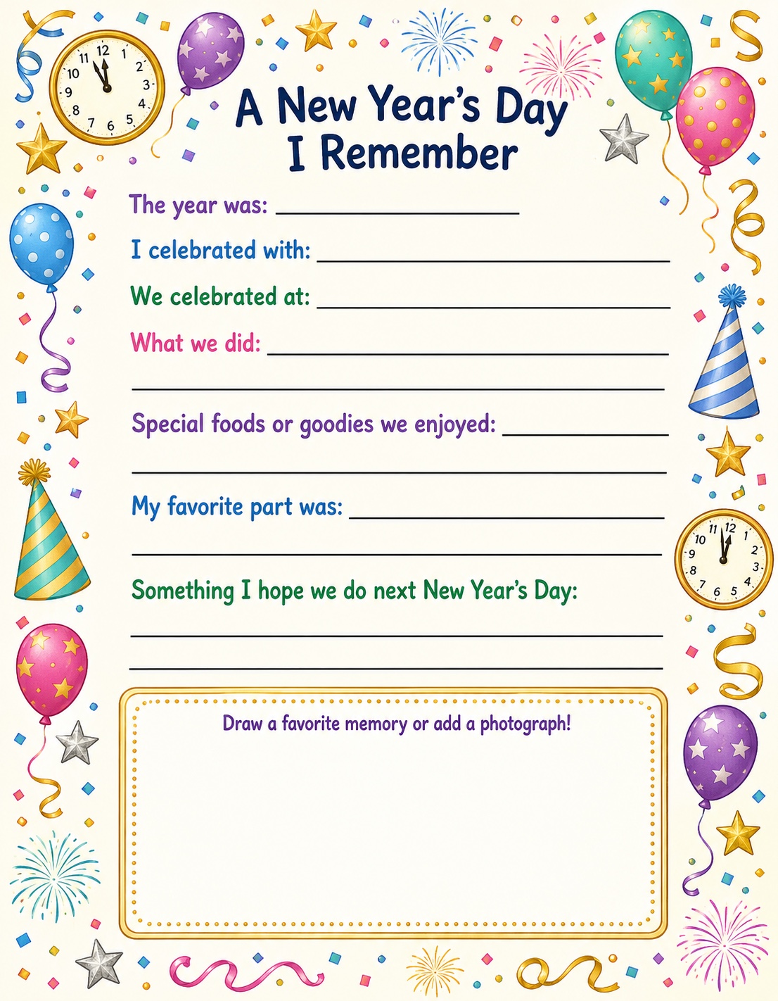 A New Year's Day keepsake activity page for writing memories and adding a drawing or photograph