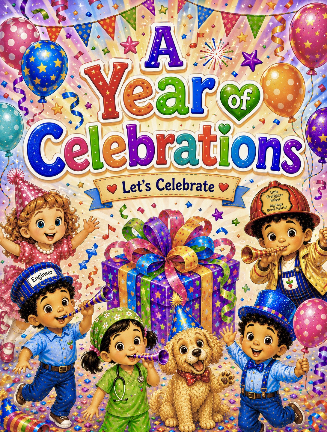 A colorful Year of Celebrations page featuring the Sunshine Sprout Kids, balloons, confetti, and a giant present